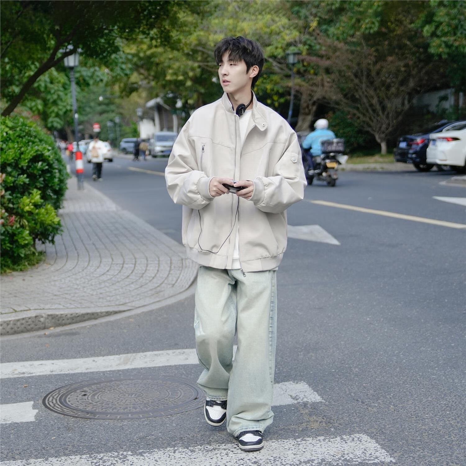 港仔文艺男@ 美式工装飞行员夹克男春秋设计感男生棒球服外套男款 杏色 M