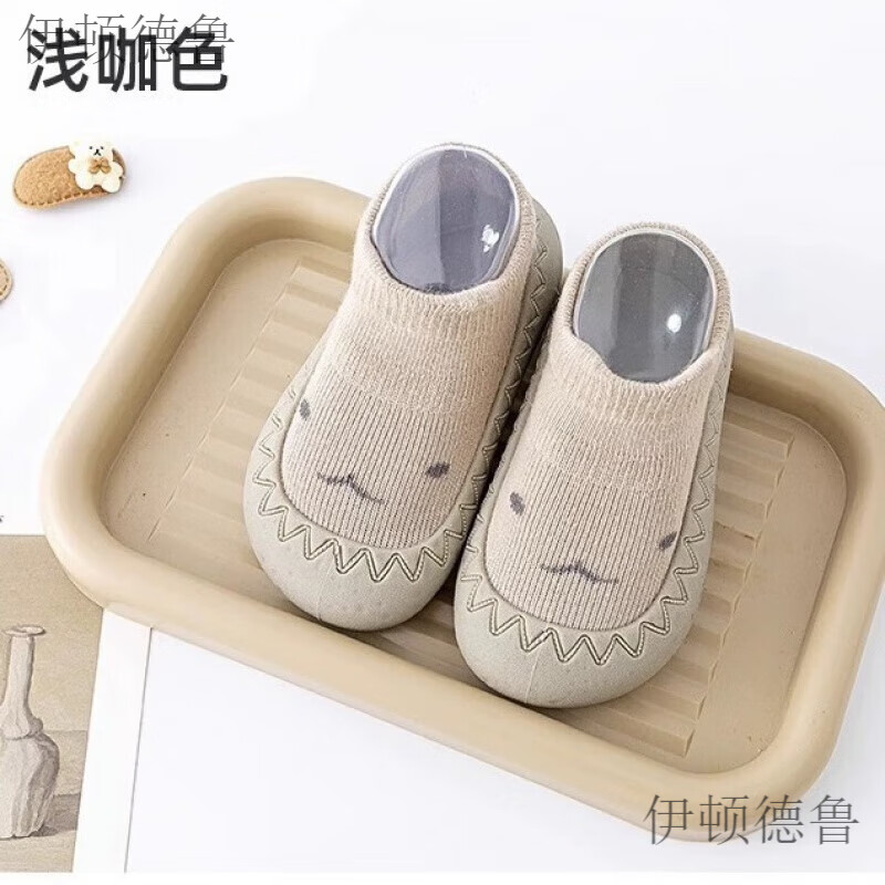 伊顿德鲁宝宝学步鞋软底防滑透气袜子鞋室内外男女童婴儿春夏地板鞋袜 卡其色卡通 内长15.0cm 25码