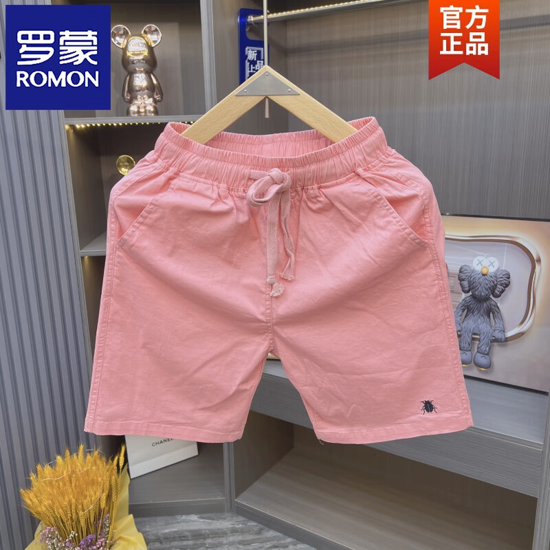 罗蒙（ROMON）夏季新款韩版糖果色刺绣短裤休闲修身百搭五分裤子男女同款沙滩裤 粉红色 3XL