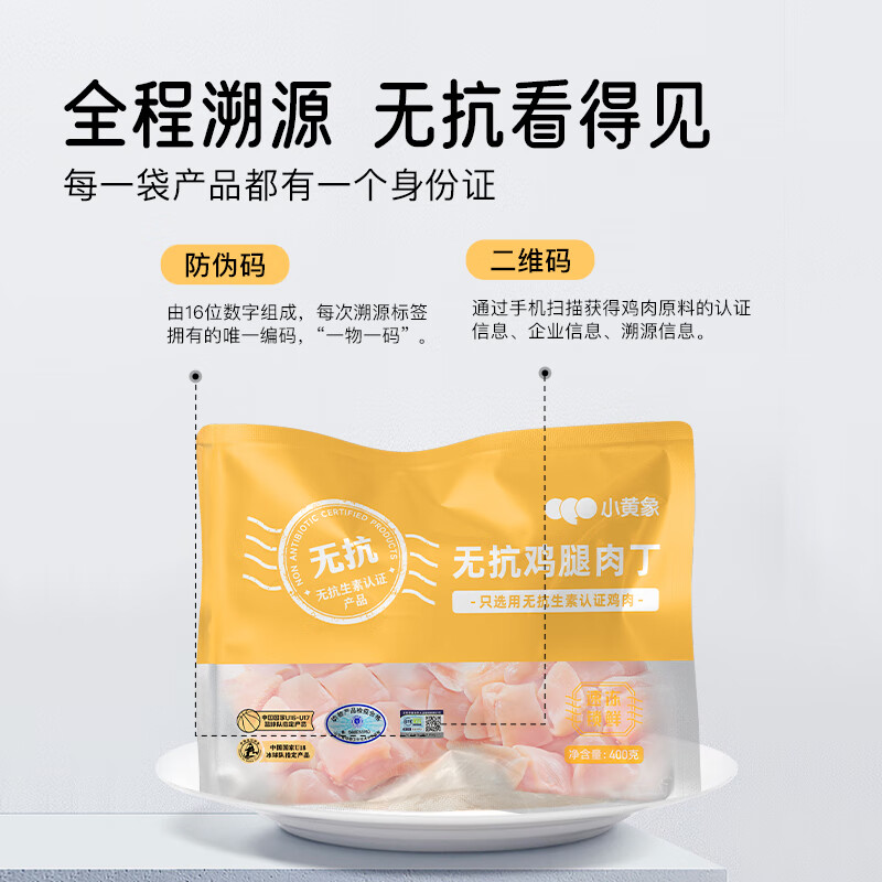 小黄象无抗鸡翅中琵琶腿鸡胸肉鸡翅根鸡腿肉丁黄焖鸡腿块冷冻生鲜 鸡腿肉丁400g*4袋