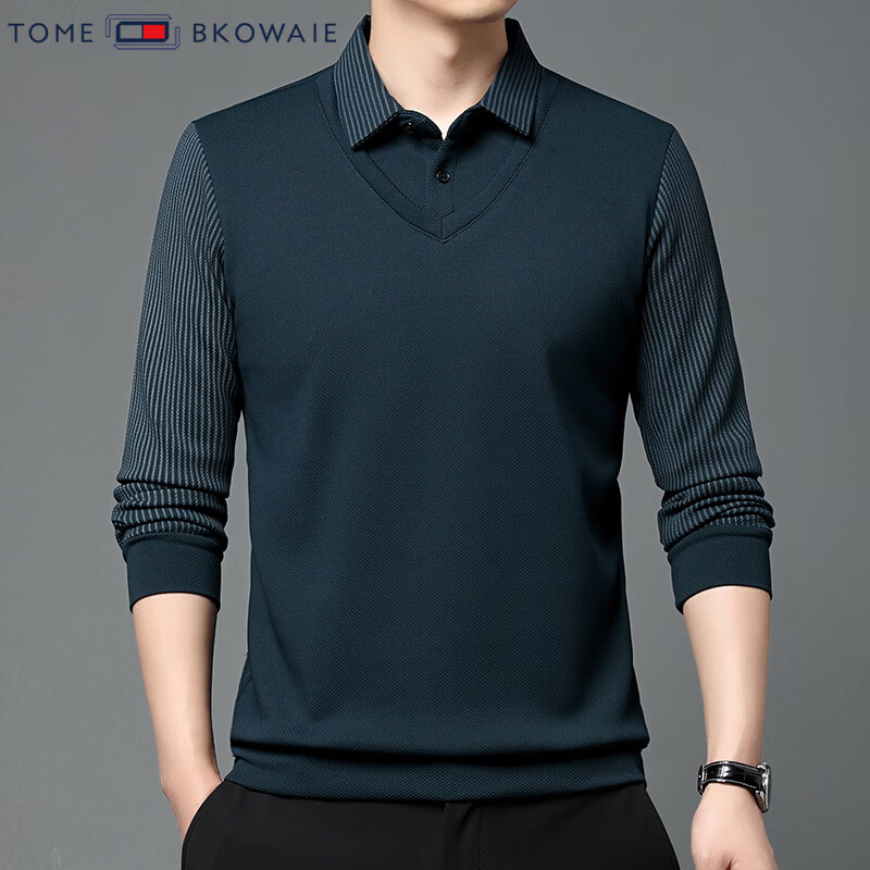 汤米芙兰可加绒加厚假两件2025年秋冬季新款保暖休闲修身套头男士上衣 哈青常规 L /170(建议120-135斤)