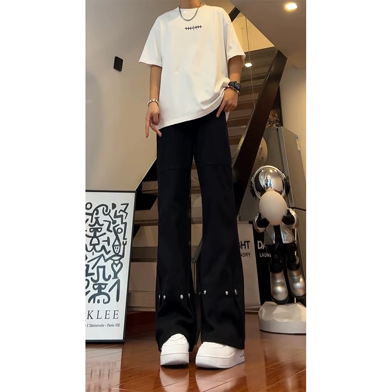 7家优品 微喇排扣牛仔裤男士春夏季款美式高街宽松直筒修身长裤子男 WKXS-K691黑色 S