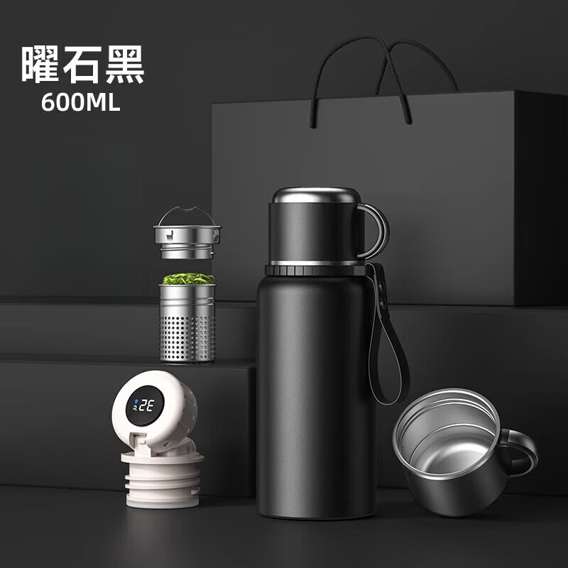 JCZS精工品牌保温杯316不锈钢保温杯旋盖茶水分离大容量高端车载泡茶 曜石黑-600ML（茶水分离）316不锈钢 升级手柄+礼盒装