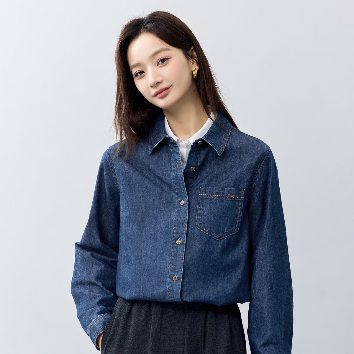 茵曼（INMAN）復(fù)古純棉舒適女裝軟牛仔襯衫百搭寬松通勤疊穿2025夏季新品襯衣 牛仔藍(lán) M
