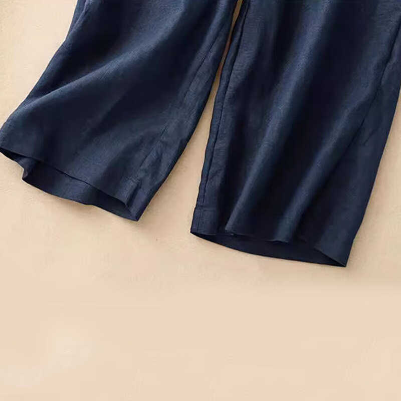 子牧棉麻夏装 女文艺休闲简约薄款宽松阔腿九分休闲裤9948 藏青色 M (建议90-115斤)