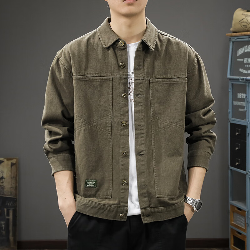 邦约恋人2026新款春秋上衣纯棉工装夹克男宽松大码秋季休闲翻领衬衫外套潮 军灰色 Z788 M 合适体重100-120斤