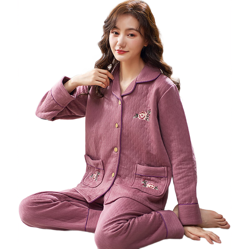 古今（GUJIN）空氣棉三層夾棉睡衣女秋冬中老年媽媽外婆家居服保暖大碼套裝XL