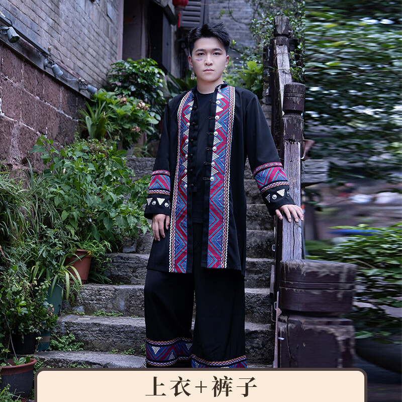 勤度苗族服裝男少數(shù)民族士套裝古城旅拍攝影寫真服飾貴州傳統(tǒng)服 上衣+褲子 2XL