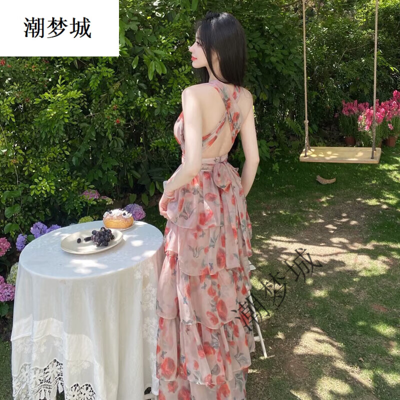 潮夢(mèng)城沙灘裙女海邊度假長(zhǎng)裙少女三亞超仙顯瘦旅游穿搭露背裙 圖片色 S