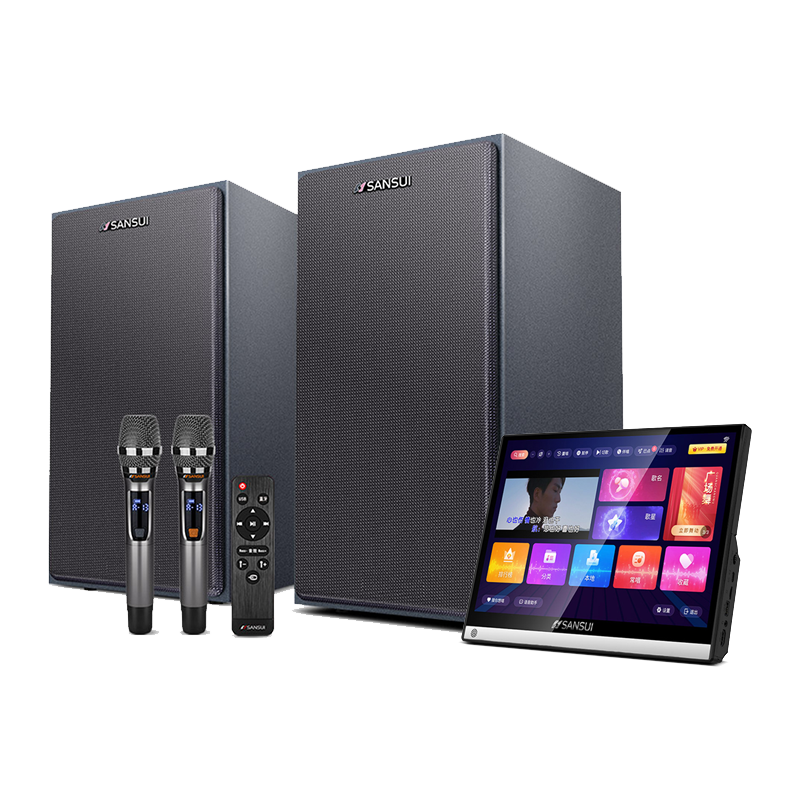 山水（SANSUI）H5 電視音響藍牙K歌套裝帶點(diǎn)歌機 智能家庭KTV音響套裝多媒體書(shū)架音箱木制2.1聲道有源卡拉OK