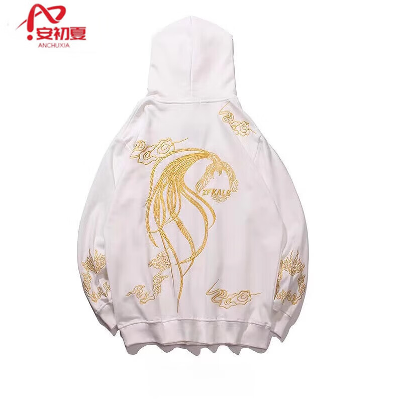 安初夏中國風(fēng)鳳凰重工刺繡連帽衛(wèi)衣男設(shè)計(jì)感新中式情侶裝國潮套頭帽衫女 白色 春秋 薄款 S