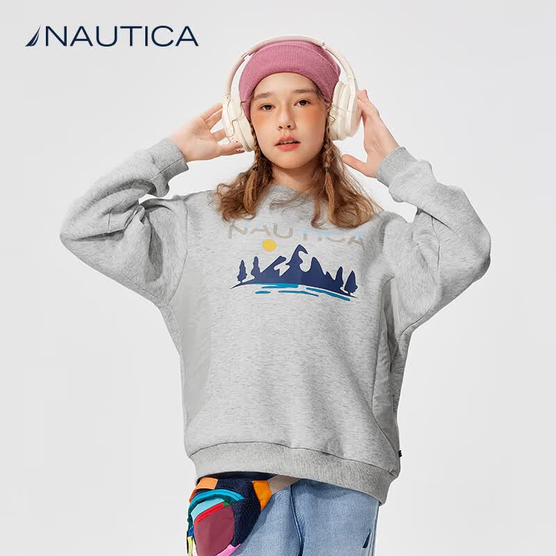 NAUTICA诺帝卡童装 男童女童圆领卫衣2025早春季儿童空气层上衣 浅灰 120