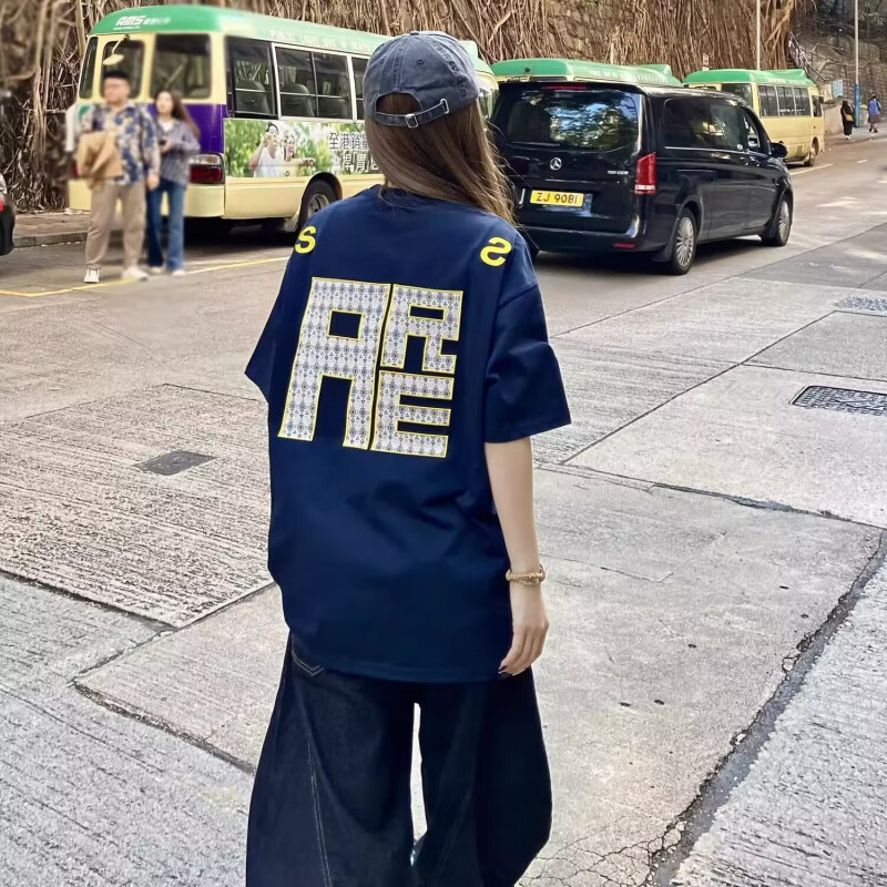 POUM美式街头刺绣短袖男夏季潮牌字母圆领t恤情侣运动五分半袖上衣 JXFS-W21藏青色 2XL
