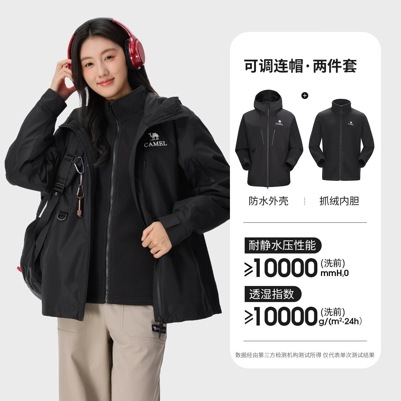 骆驼（CAMEL）【迪丽热巴同款】骆驼王者凯甲ICON冲锋衣三合一鹅绒服防水外套 幻影黑 ，男女同款 XL