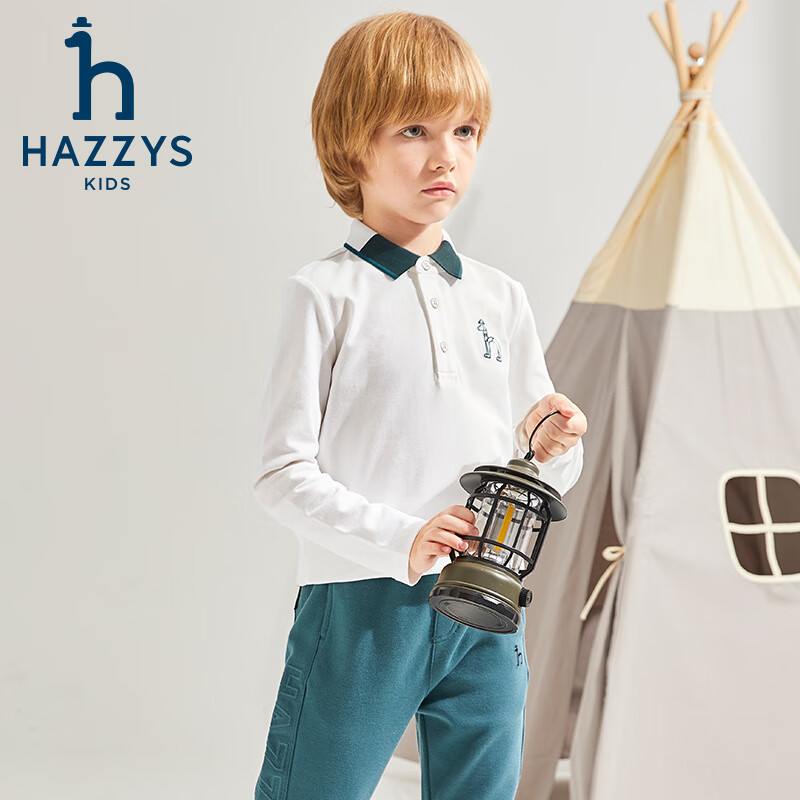 哈吉斯(HAZZYS)品牌童装男童POLO衫秋季新款弹力舒适休闲气质翻领简约长袖POLO衫 本白 165