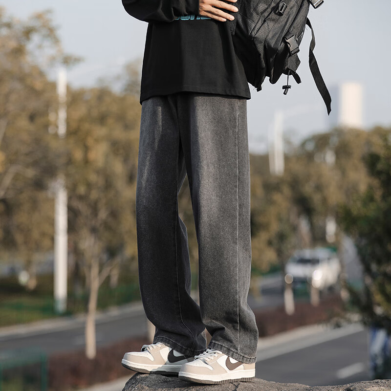 Homlean美式水洗牛仔裤男春夏高街痞帅宽松直筒阔腿长裤子HS05黑灰XL
