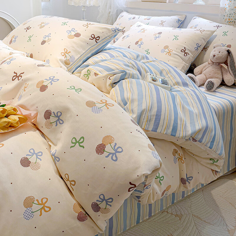 J.H.Longess纯棉40支高密活性印花被套床单四件套纯棉被罩床品套件 复古樱桃-Sxd 1.8m床(被套200*230cm)床单套件