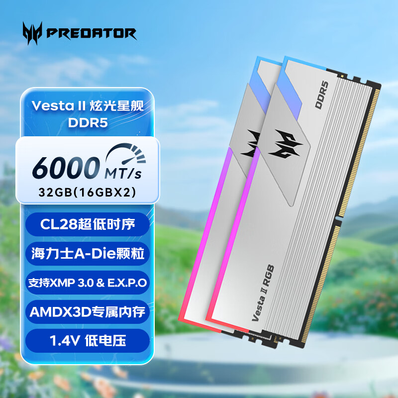 宏碁掠夺者（PREDATOR）32G(16G×2)套装 DDR5 6000频率 台式机内存条 Vesta II 炫光星舰RGB灯条(C28) 星光银 AI电脑配件