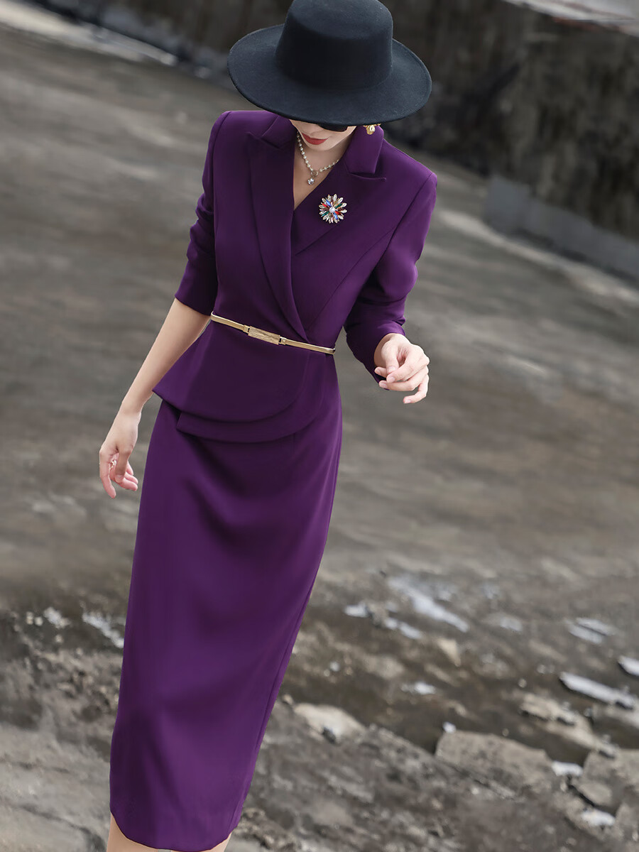兰瑟儿2025秋季新款气质通勤高级感修身显瘦系带包臀西装裙连衣裙 紫色 2XL