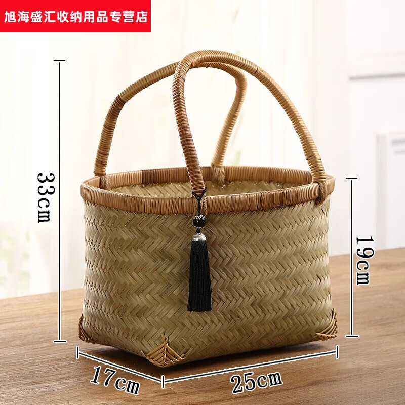 純竹編制品老式手提竹籃子純手工竹編制品老式手提竹籃子菜籃子購 帶掛飾提籃小號