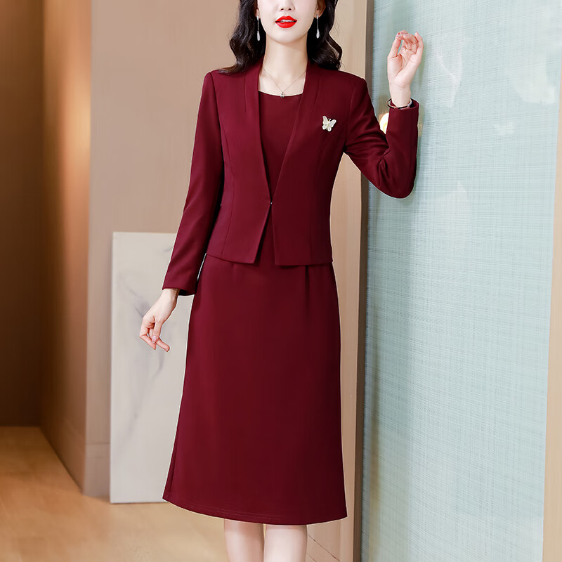 皮尔卡丹喜婆婆婚宴装2025年新款时尚高贵显瘦正式礼服西装两件套连衣裙女 Q8760酒红色(两件套) L