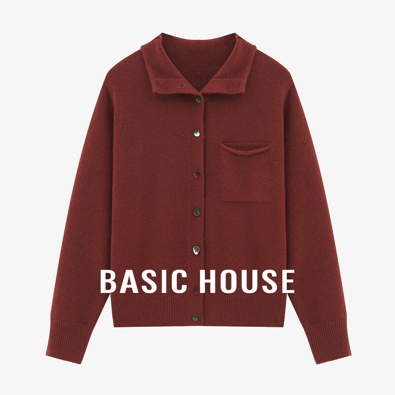 Basic House/百家好红色翻领短款毛衣冬季洋气彩色爱心扣开衫外套 红色 均码