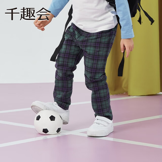 千趣会童装25年秋季儿童长裤男女童纯棉休闲裤幼儿园宝宝百搭裤子 深绿色(格纹) 140 cm