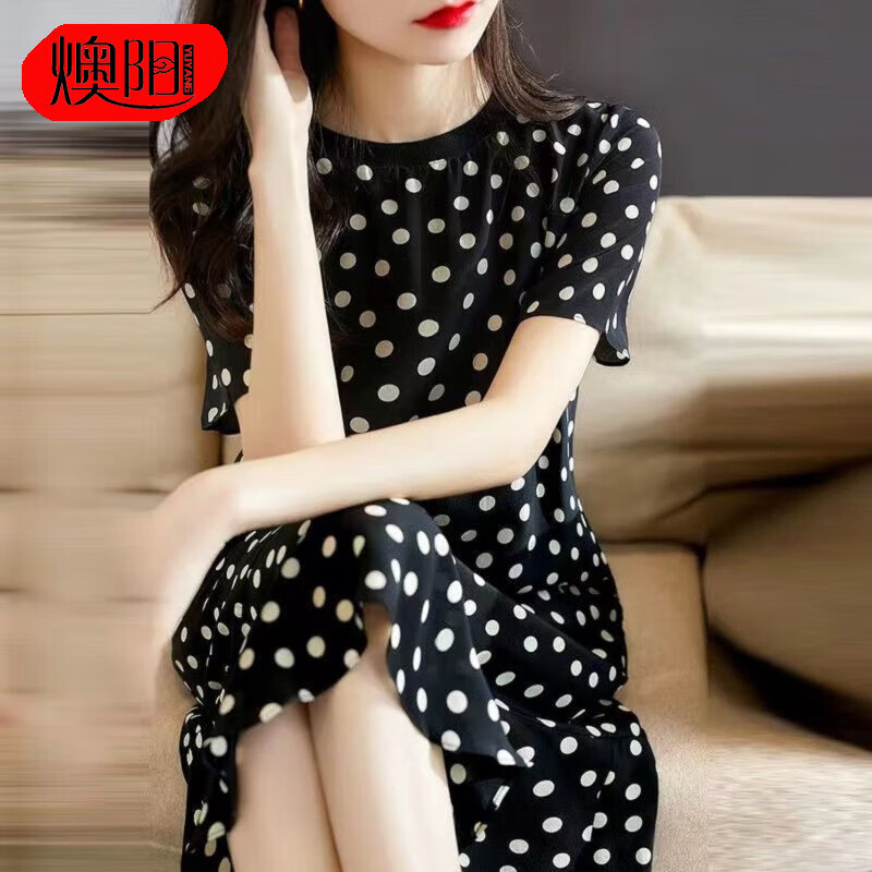 燠阳新款绵绸女士印花连衣裙短袖夏季休闲绵绸睡qun薄款家居 绵绸连衣裙-经典波点 加大码（建议130-170斤）