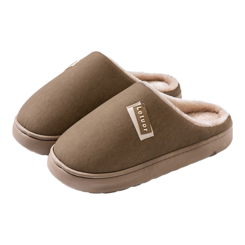 樂拖棉拖鞋男士冬季家用保暖毛絨情侶室內(nèi)軟底PU皮擋水阻滑拖鞋男