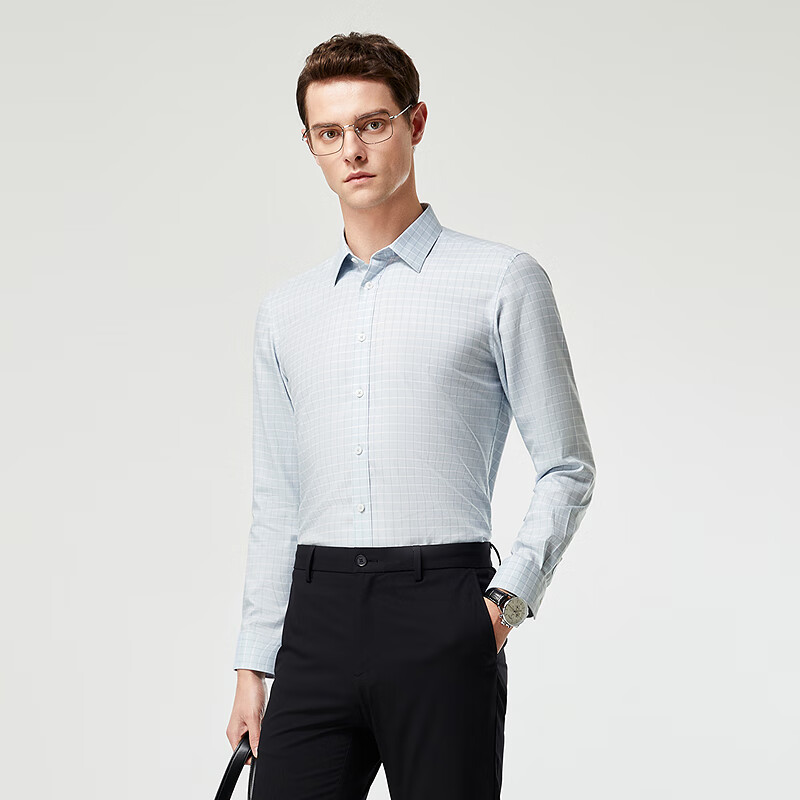 雅戈尔长袖衬衫【格纹全棉】柔软挺阔有型修身剪裁通勤商务休闲男衬衣 绿色格子 41 (175/96Y)