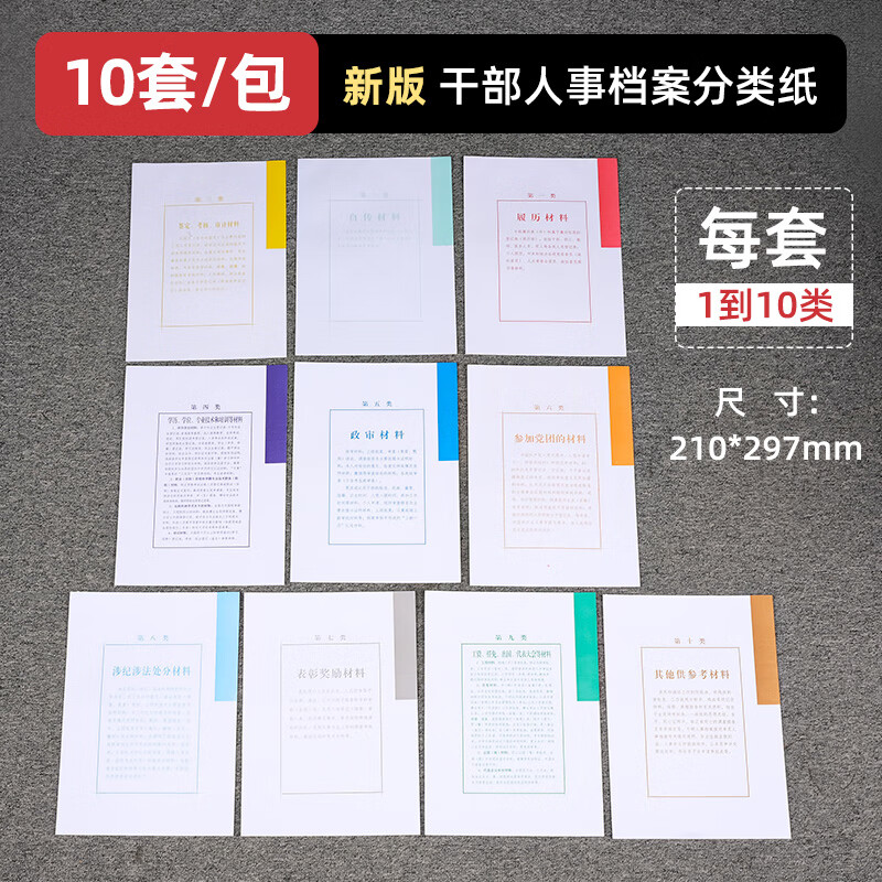 三益档案 干部人事档案盒分类纸简版新版彩色十大类分隔纸姓名标签背脊条分类角分号角 新版彩色十大类分隔纸【10套-100张】