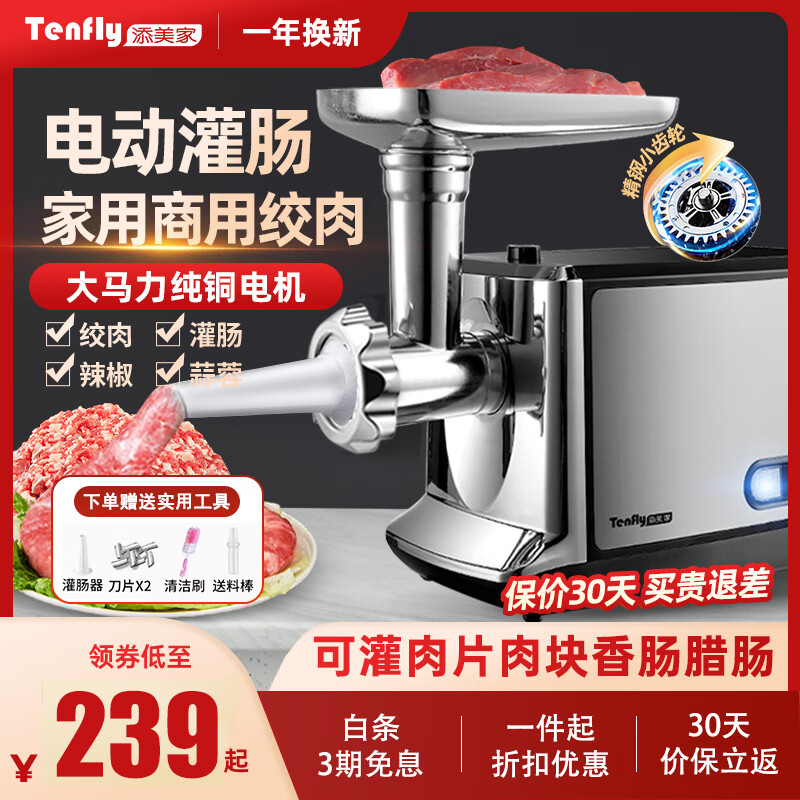 Tenfly绞肉机家用电动灌肠机搅肉机多功能碎肉饺馅机小型商用辣椒蒜蓉机大功率绞肉机 拉丝银 350W 标配双刀片 1L 肉/分钟