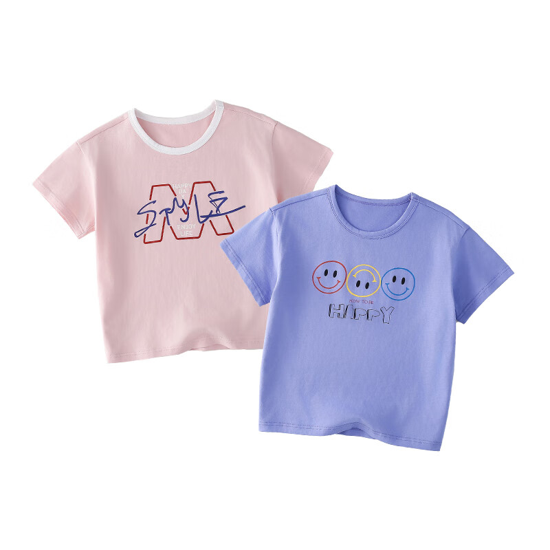 棉花堂【100%棉+抗菌】童装儿童T恤两件装女童短袖T男童上衣纯棉cq 组合一:粉色,蓝紫色 110