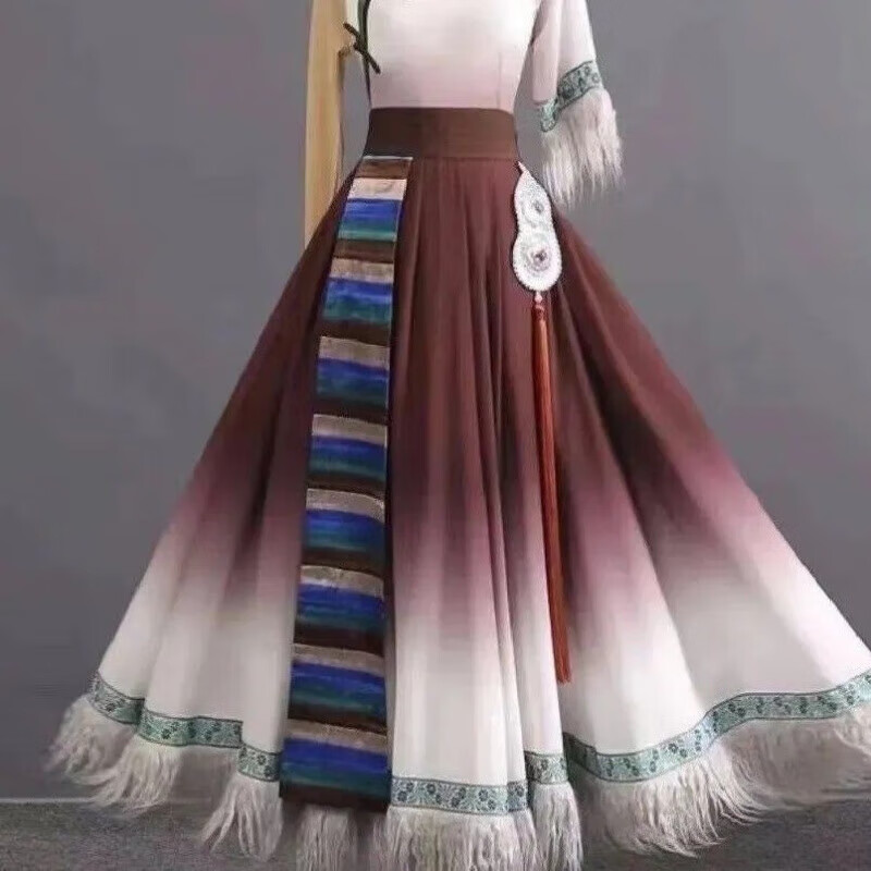 氧家藏族舞蹈服藝考 次仁拉索女少數(shù)民族蒙古族表演舞蹈服裝服套裝 【360度】單件大擺裙(贈(zèng)送腰帶) XL 建議身高155-165cm