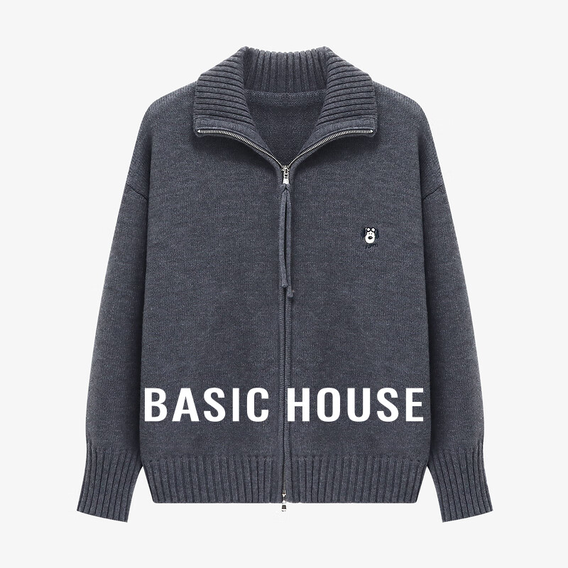Basic House/百家好翻领双头拉链毛衣冬加厚时尚小狗刺绣开衫外套 灰色 L