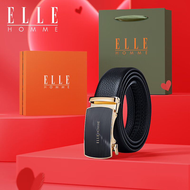ELLE HOMME法国品牌男士皮带男自动扣真皮腰带牛皮裤带生日礼物送男友老公 【书新礼盒】902045时尚金色 110cm -130cm随机发(可修剪）