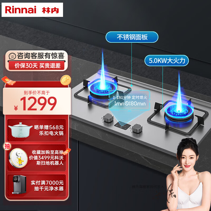 林内Rinnai燃气灶双灶 家用嵌入式两用 超长定时5.0KW猛火灶不锈钢 天然气 日本高端品牌灶具2E08MT 不锈钢面板