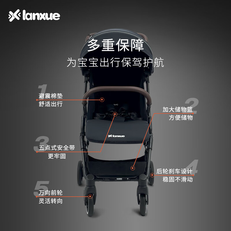 LANXUE蓝鳕碳纤维婴儿车高景观超轻便可坐躺可登机折叠遛娃双向婴儿车 浅粉色 【单向】