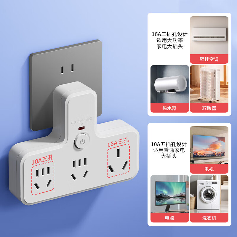 国际电工10安转16安电源转换器插头大功率电热水器空调插排带过载开关保护 10A转10A+10A+16A【品字插座】