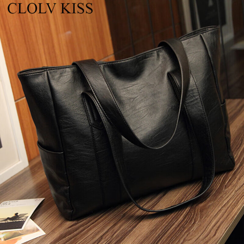 CLOLV KISS香港真皮女包2025新款春夏潮羊皮托特包大容量包包電腦包手提大包 黑色