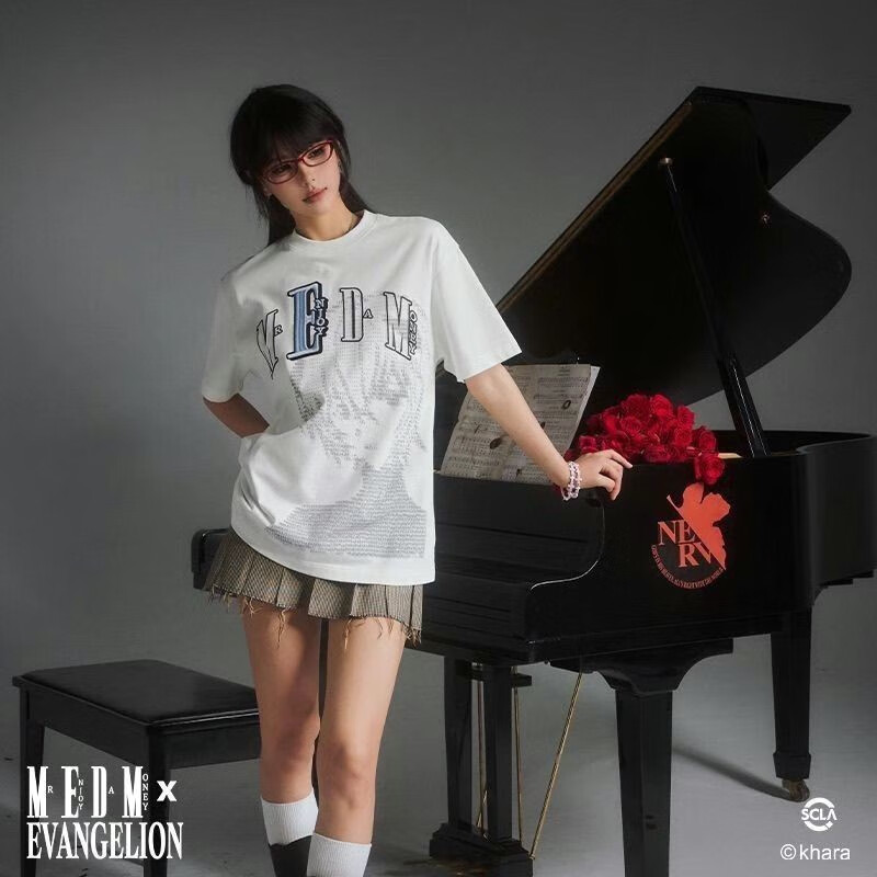 MEDMxEVA联名新世纪福音代码人物款短袖T恤男美式情侣夏季上衣 白色 重磅纯棉280g XL (三标齐全)