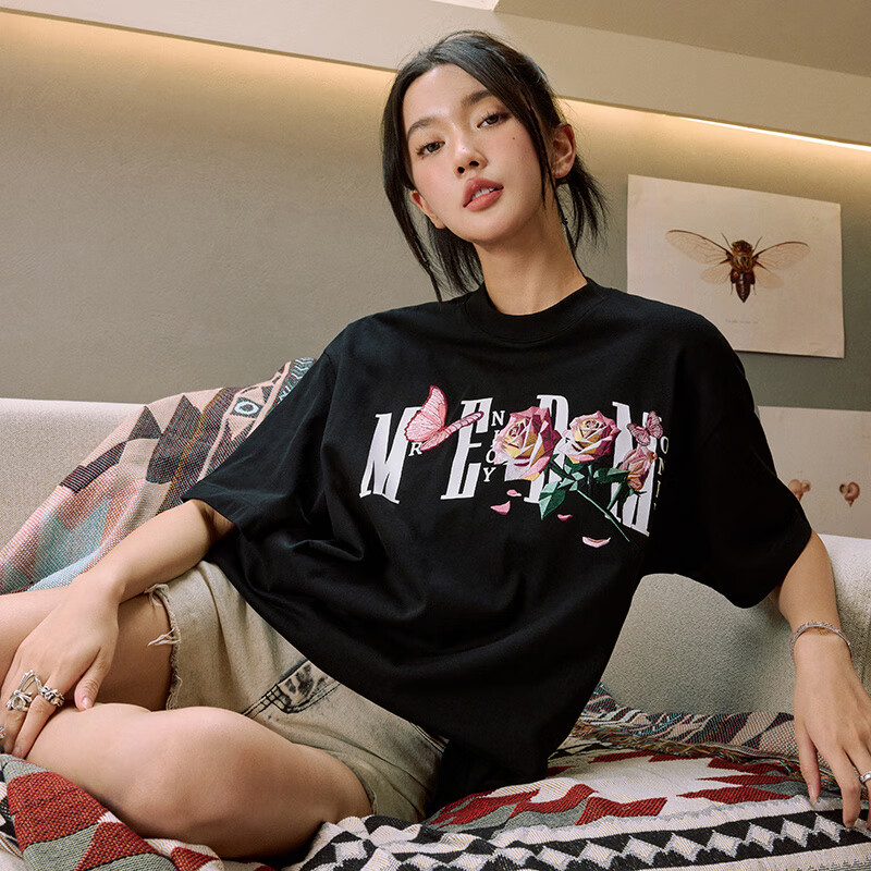 MEDM24SS折纸切片玫瑰蝴蝶刺绣短袖T恤男女同款夏季美式复古半袖 白色 (内有衬布) XL