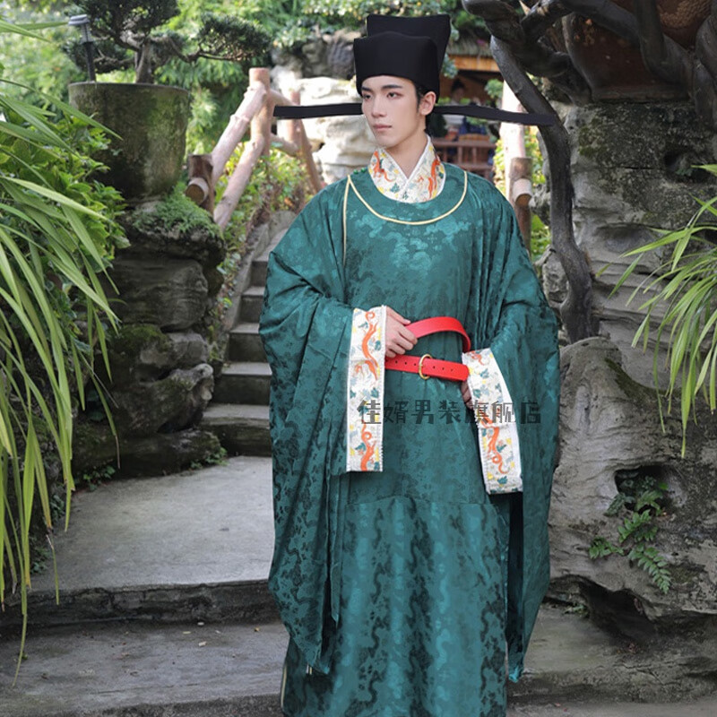佳婿宋制圓領(lǐng)袍男漢服公官服大放量暗紋婚服中式婚禮司儀主持新郎襕袍 綠色 M