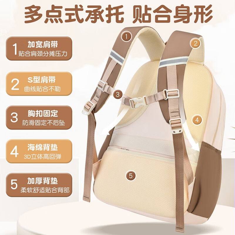 智多宝初中生书包女生高中学生超大容量背包女小学生3-6年级轻便双肩包 中号粉色(送挂饰+手表+套尺)