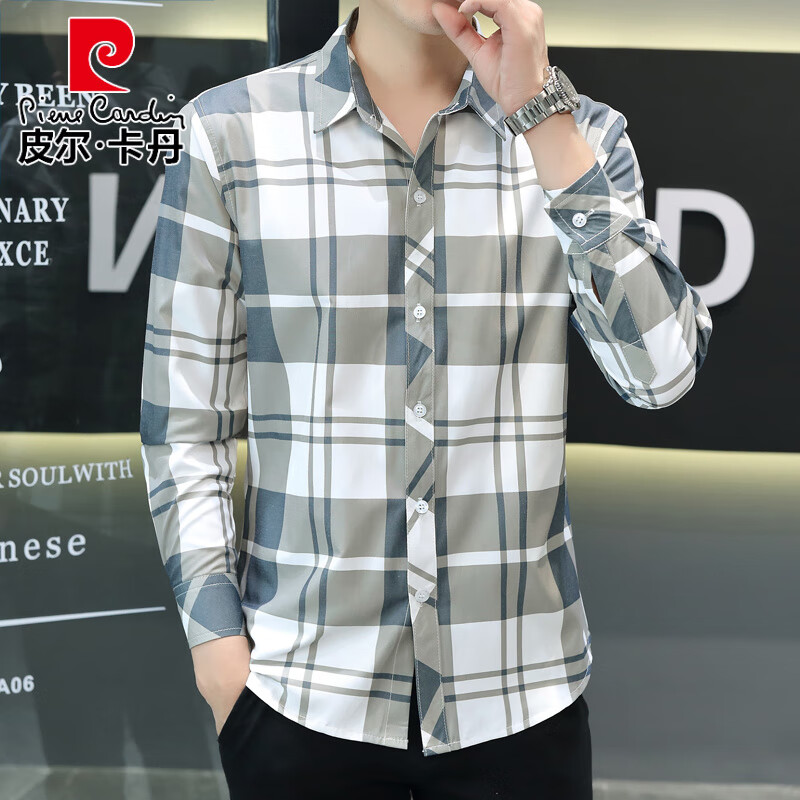 皮尔卡丹（pierre cardin）春秋新款冰丝长袖衬衫男格子休闲衬衣上衣服薄款防晒外套潮流 灰色 【长*袖】719 M 90-104斤