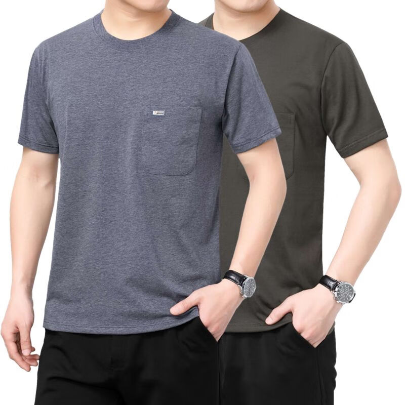 纯棉中老年人中年男士短袖圆领宽松爸爸T恤汗衫半袖夏季口袋上衣 【纯棉真口袋】深麻灰+卡其绿 2XL  适合150-170斤