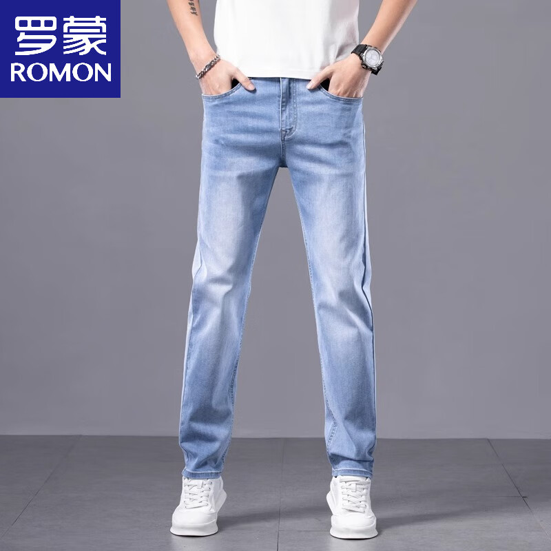 罗蒙（ROMON）男士牛仔裤春秋款时尚2025新款修身直筒休闲长裤显瘦百搭男装潮流 浅蓝色 28