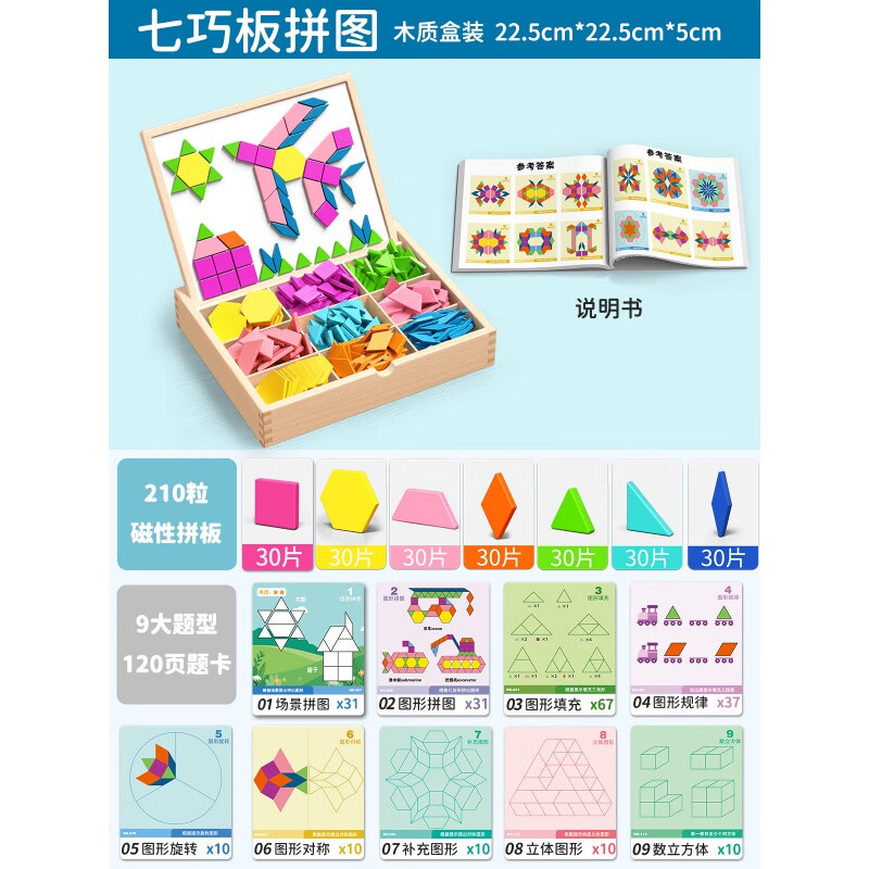 童木星兒童七巧板磁力拼圖板3至6歲早教益智幾何玩具幼兒園木質(zhì)積木禮盒 大號磁性七巧板【210?？善?600+