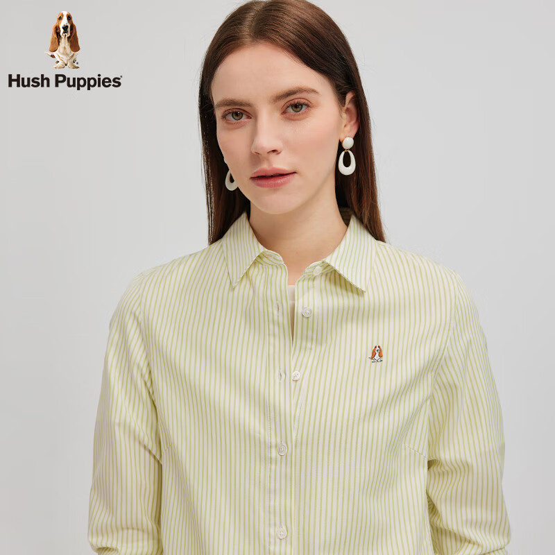 暇步士(Hush Puppies)【休闲简约】女装2025春秋棉感条纹彩色长袖衬衫 芦苇绿 M