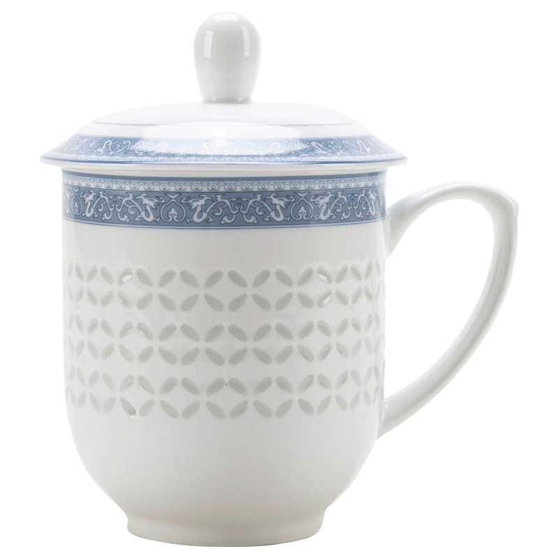 陶相惠景德鎮(zhèn)陶瓷茶杯帶蓋泡茶杯辦公室水杯會議杯子青花玲瓏瓷茶杯送禮